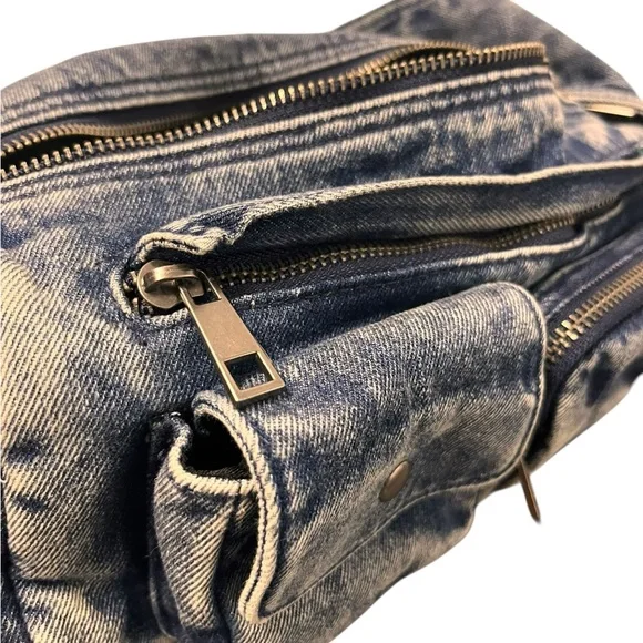 Y2K Denim Shoulder Bag Blue Faded Zip Top Multi Pocket Medium Retro 90s - Picture 6 of 7
